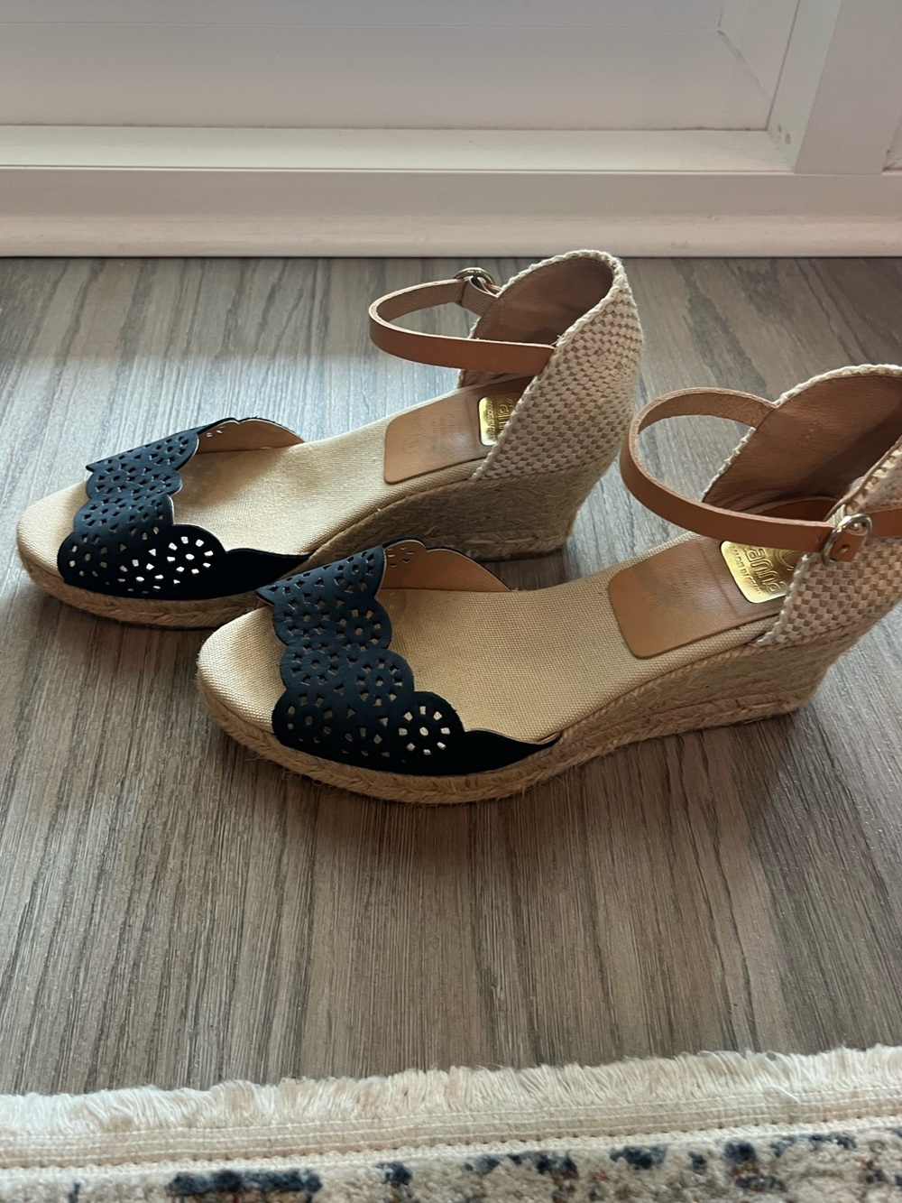 kanna navy and tan Laser-Cut Toe Strap Espadrille Wedges with Tan Ankle Strap